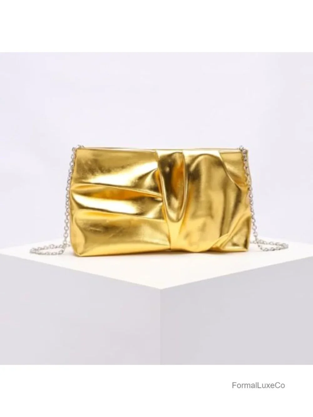 Gold Ruched Clutch Purse Women PU Leather Evening Bag Crossbody